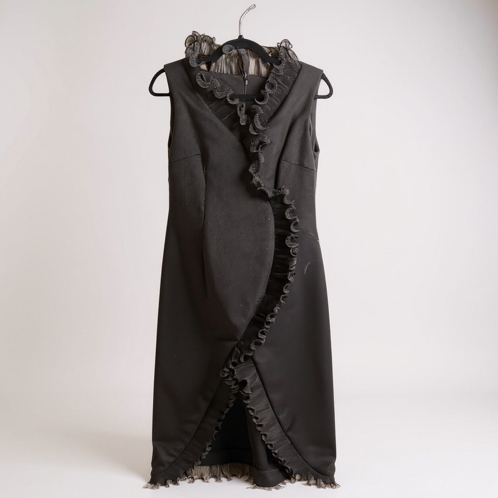 Black Sleeveless Vintage Maxi Dress With Ruffled High Neck & Asymmetrical Front